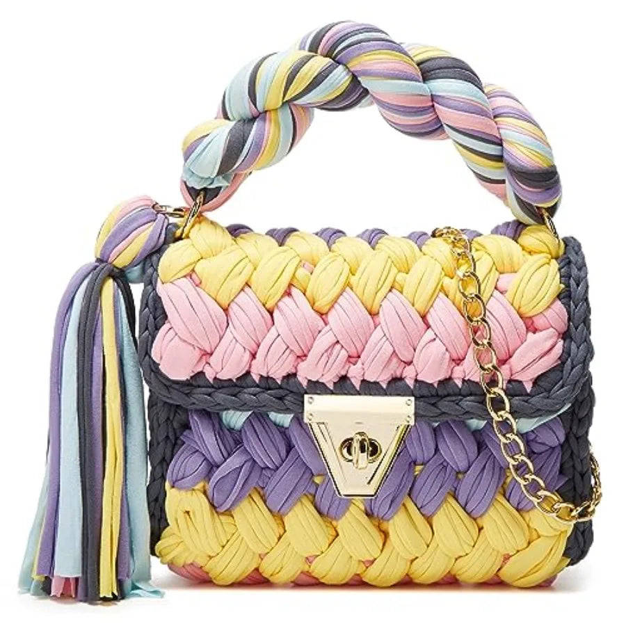 Chunky Yarn Knit Crochet Tote Purse Crossbody Bags for Women - Handwoven Evening Clutch Flap Shoulder Bag