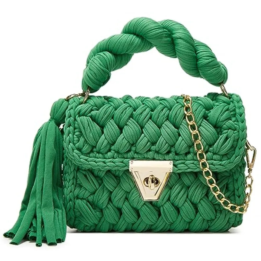 Chunky Yarn Knit Crochet Tote Purse Crossbody Bags for Women - Handwoven Evening Clutch Flap Shoulder Bag