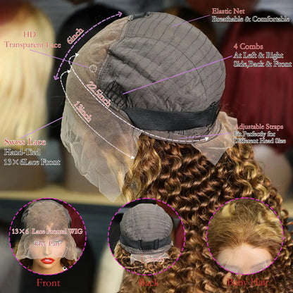 4/27 32 Inch Highlight Honey Brown Curly Lace Front Human Hair Wigs 13x6 Ombre Colored Deep Wave Lace Frontal Wigs Women ﻿