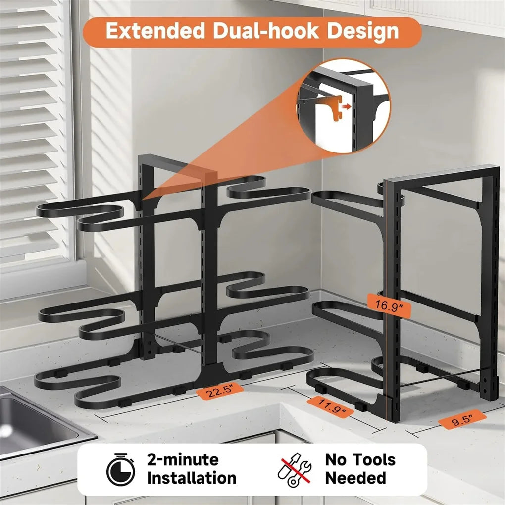 2025 New Pots and Pans Organizer, Adjustable 6-Tier Pots Organizer Rack for Cookware, Heavy Duty Pots Rack for Kitchen Storage