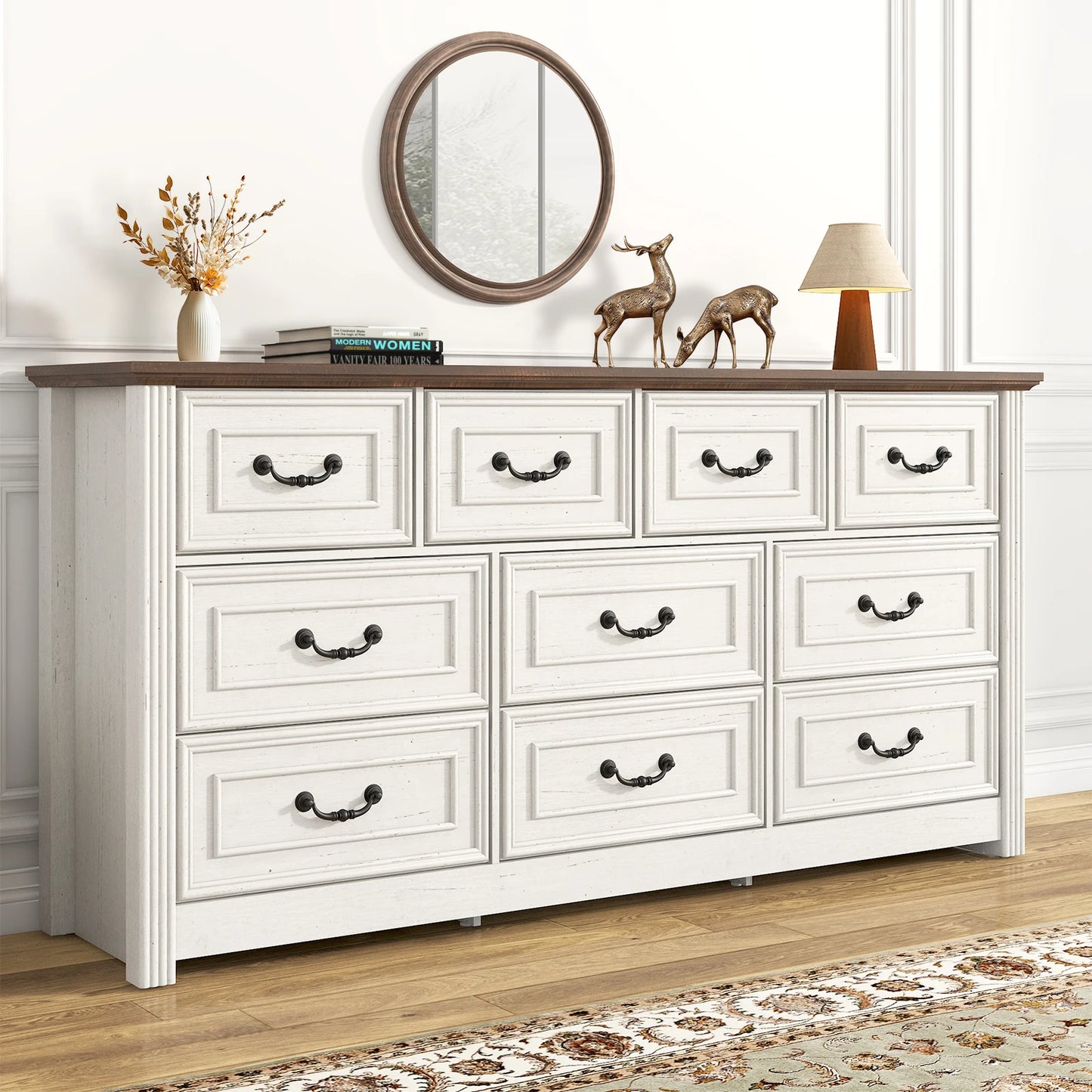 QiaoShiRen Farmhouse 10 Drawer Dresser With Rustic Handles