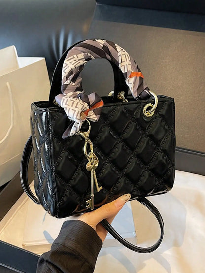 High-Quality Quilted Small Square Bag - Silk Scarf &Key Pendant,Niche Elegant Ladies Crossbody,Ideal for Dating/Gifting/Shopping