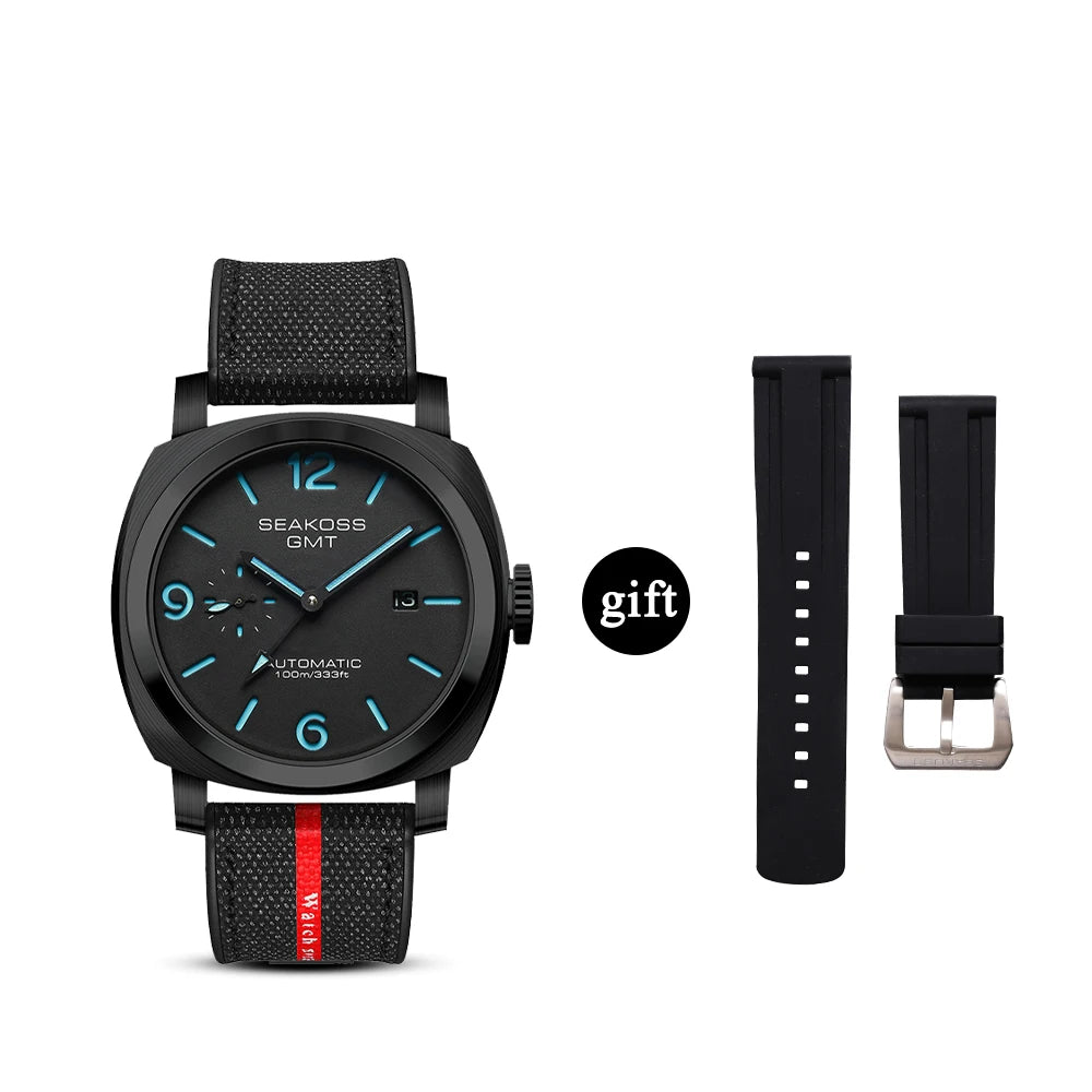 SEAKOSS Men GMT Automatic Mechanical Watches Super Luminous Calendar Original Seagull ST2557 Movement Nylon Rubber Wristwatches