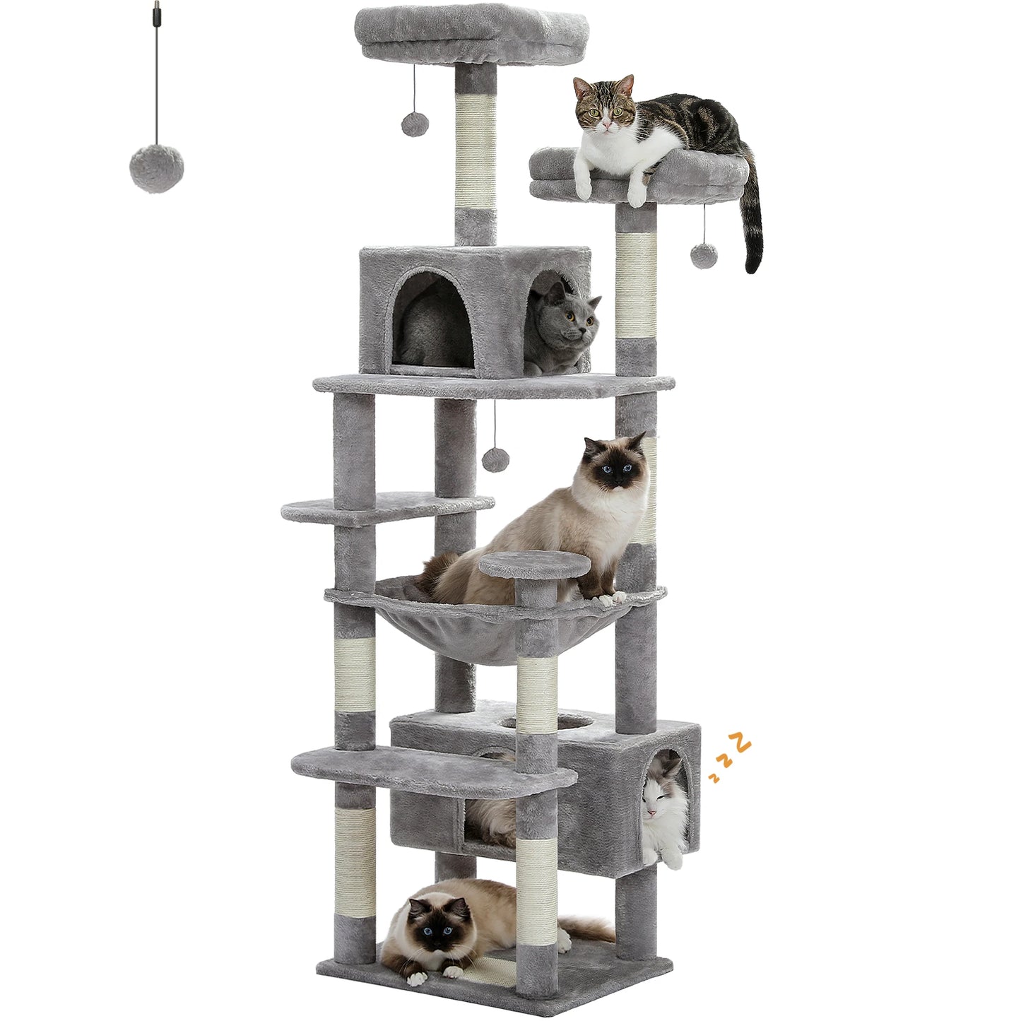 Multi-Level Cat Tree Tower with Scratching Posts&Board, Hammock, Cat Condo, Spacious Top Perch,Dangling Balls for Indoor Cats