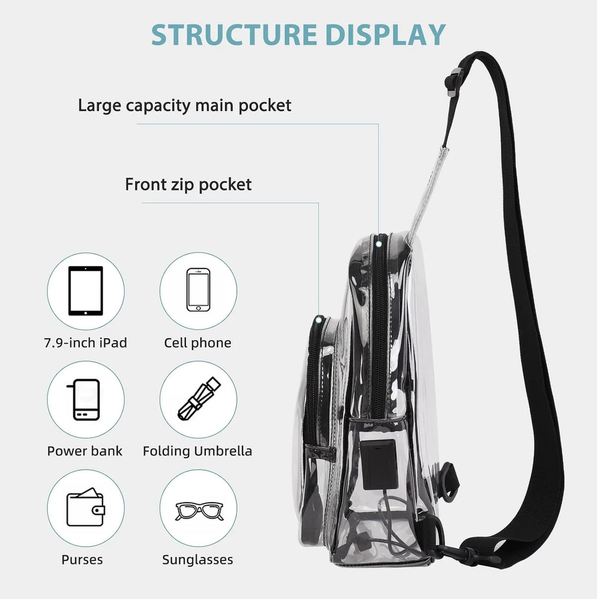 Clear PVC Stadium Sling Crossbody Bag Adjustable Shoulder Pack For Concerts