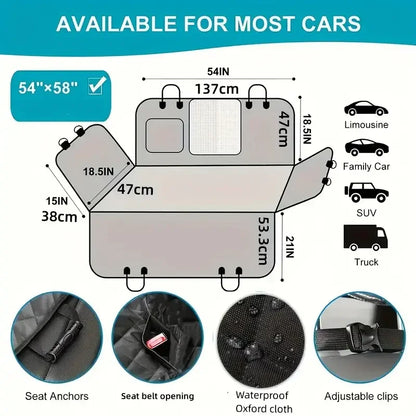 Car back seat cover with measurements, waterproof Oxford cloth, seat anchors, adjustable clips, fits most vehicles including SUV, truck, limousine, and family car.