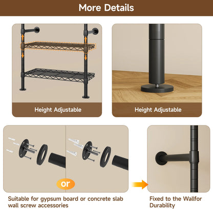 ONBRILL Industrial Pipe Wall Mounted Clothing Rack With Expandable Rods