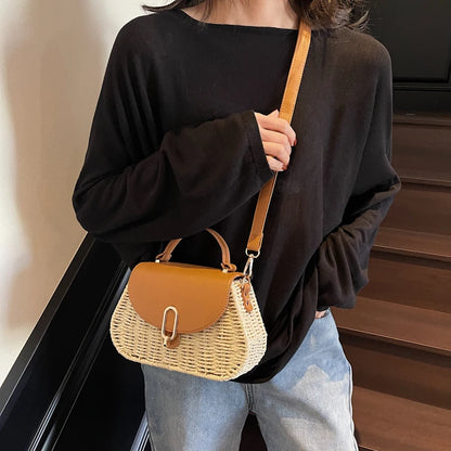 APWIKOGER Straw Beach Bag PU Leather Summer Shoulder Flap Crossbody