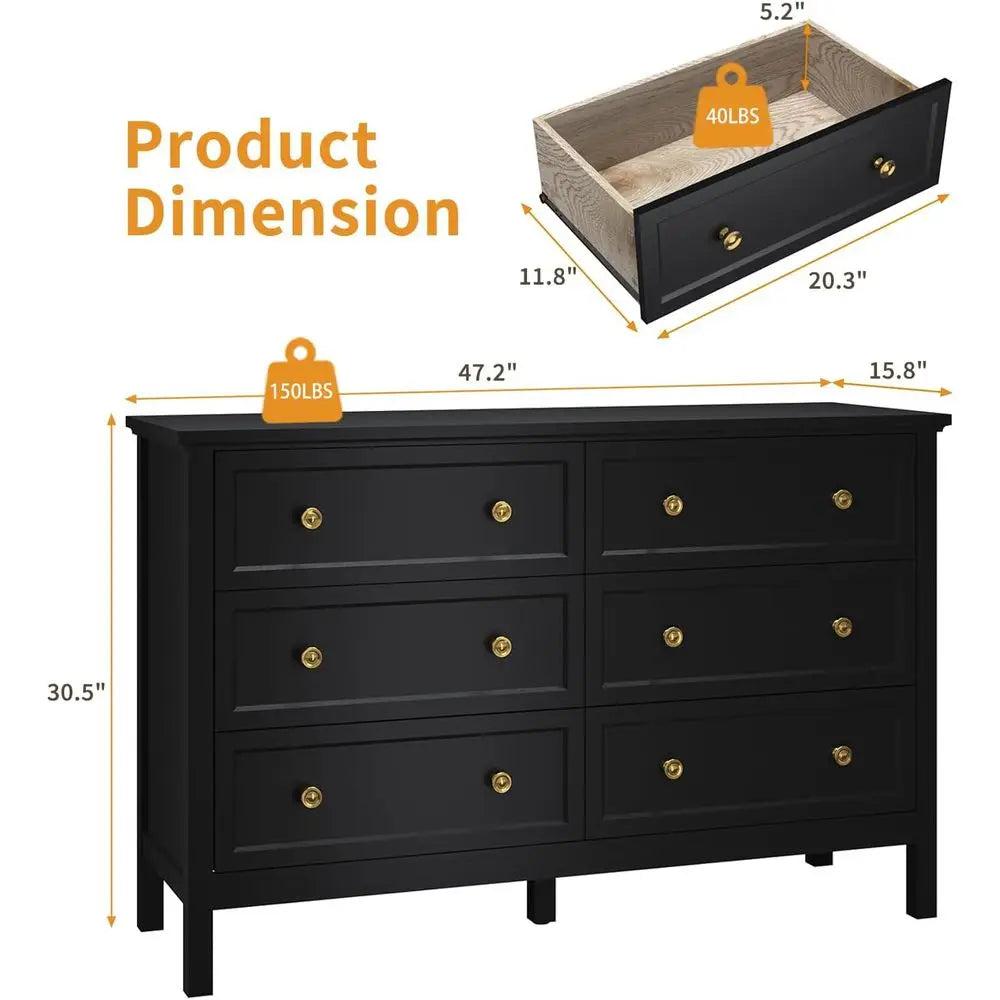 Elegant 6-Drawer Double Dresser with Deep Drawers and Metal Handles, Wood Dressers & Chests for Bedroom and Hallway Storage