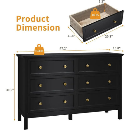 Elegant 6-Drawer Double Dresser with Deep Drawers and Metal Handles, Wood Dressers & Chests for Bedroom and Hallway Storage