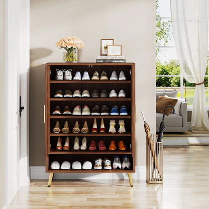 Tribesigns 6-Tier Shoe Cabinet with Doors, Walnut Wooden Shoe Storage Cabinet with Adjustable Shelves for Entryway