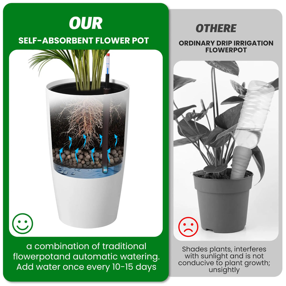 21.5 Inch Tall Self Watering Planters Set Of 2 With Water Level Indicator, Inner Buckets, Large Indoor Outdoor Pots For Patio Porch