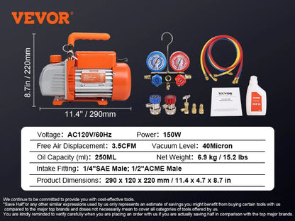 SucceBuy 3.5CFM 4CFM Single Stage Rotary Vane HVAC Air AC Vacuum Pump & A/C Refrigerant Kit Manifold Gauge Set Air Conditioning