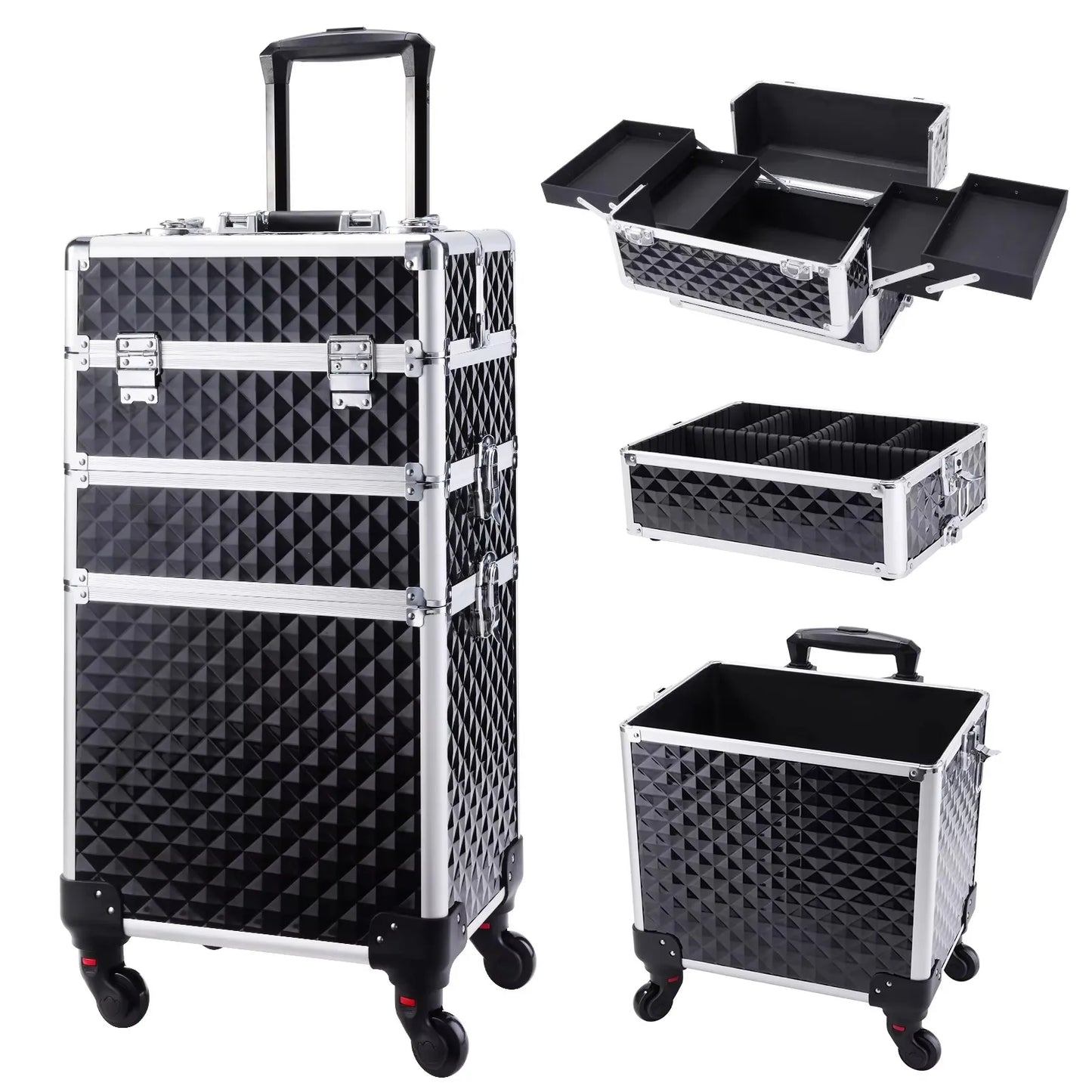 Maxulene Rolling Makeup Case 3 In 1 On Wheels Salon Trolley