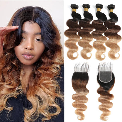 12A Ombre Body Wave Bundles Human Hair With Closure Unprocessed Virgin Hair Brazilian Ombre Colored 3/4 Bundles With Closure