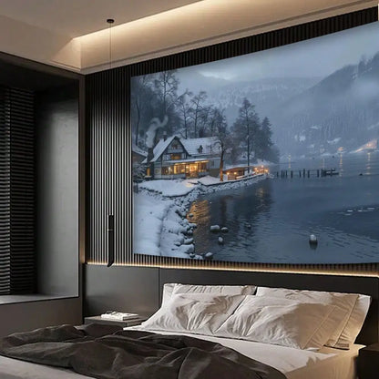 1pc Winter Tapestry Snow Cabin Lake Wall Hanging Cozy Scenery for Bedroom Living Room Decor Back-to-school season Autumn gifts