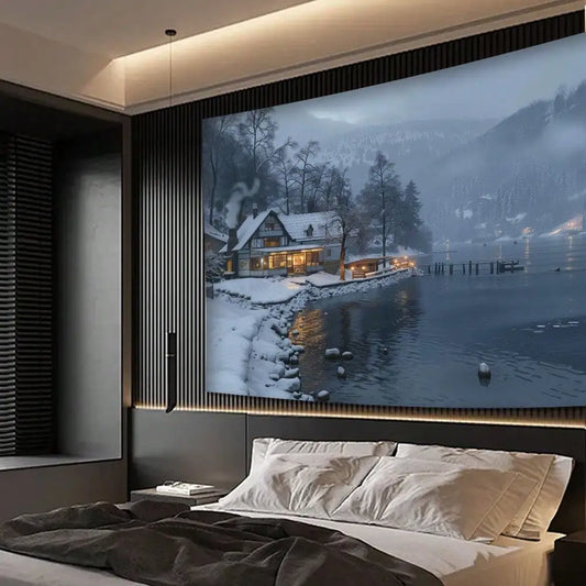 1pc Winter Tapestry Snow Cabin Lake Wall Hanging Cozy Scenery for Bedroom Living Room Decor Back-to-school season Autumn gifts