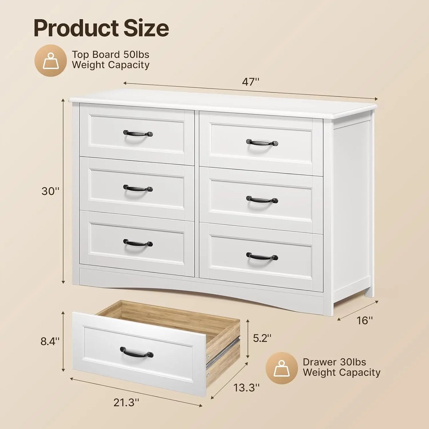 6 Drawer Dresser for Bedroom，47'' Larger Chest of Drawers with Mental Handle , White Dresser with 6 Storage Drawers, White