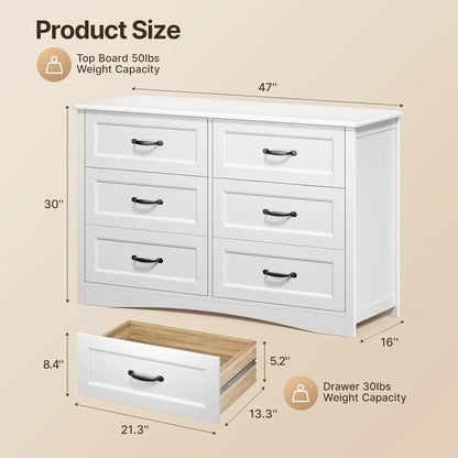 6 Drawer Dresser for Bedroom，47'' Larger Chest of Drawers with Mental Handle , White Dresser with 6 Storage Drawers, White