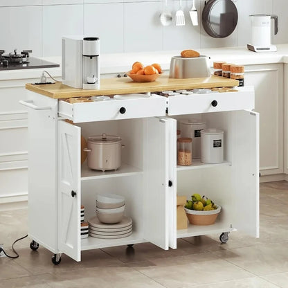 USA Shipping Kitchen Island with Power Outlet 43.3 Rolling Kitchen Island with Storage Rolling Cart with Spice Rack and Hooks