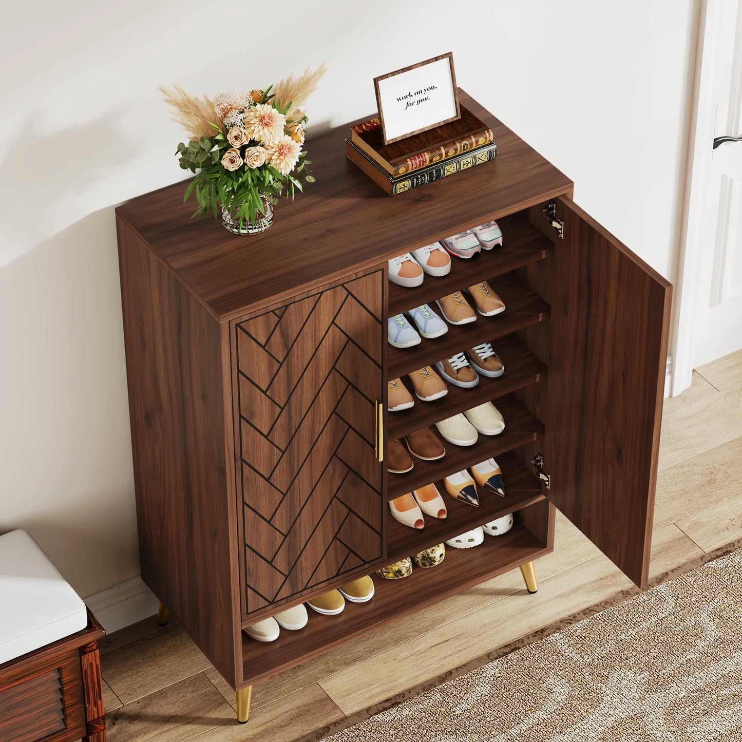 Tribesigns 6-Tier Shoe Cabinet with Doors, Walnut Wooden Shoe Storage Cabinet with Adjustable Shelves for Entryway