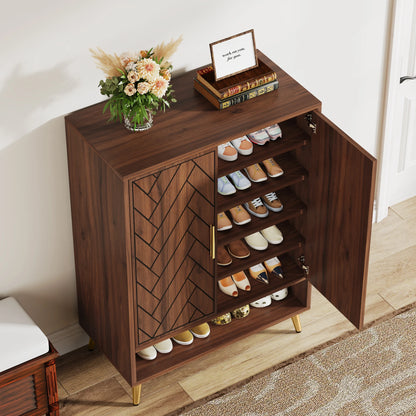 Tribesigns 6-Tier Shoe Cabinet with Doors, Walnut Wooden Shoe Storage Cabinet with Adjustable Shelves for Entryway