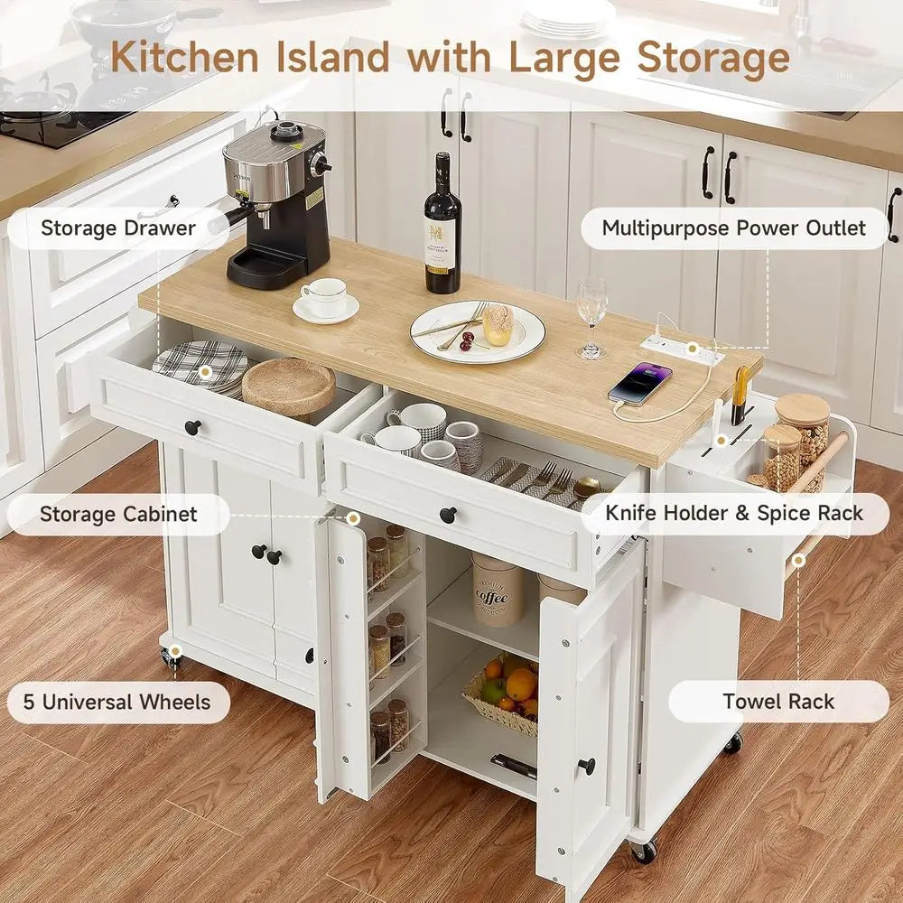 58 Mobile Kitchen Island Cart with Power Outlet, Storage, Spice Rack, Towel Rack & Knife Holder