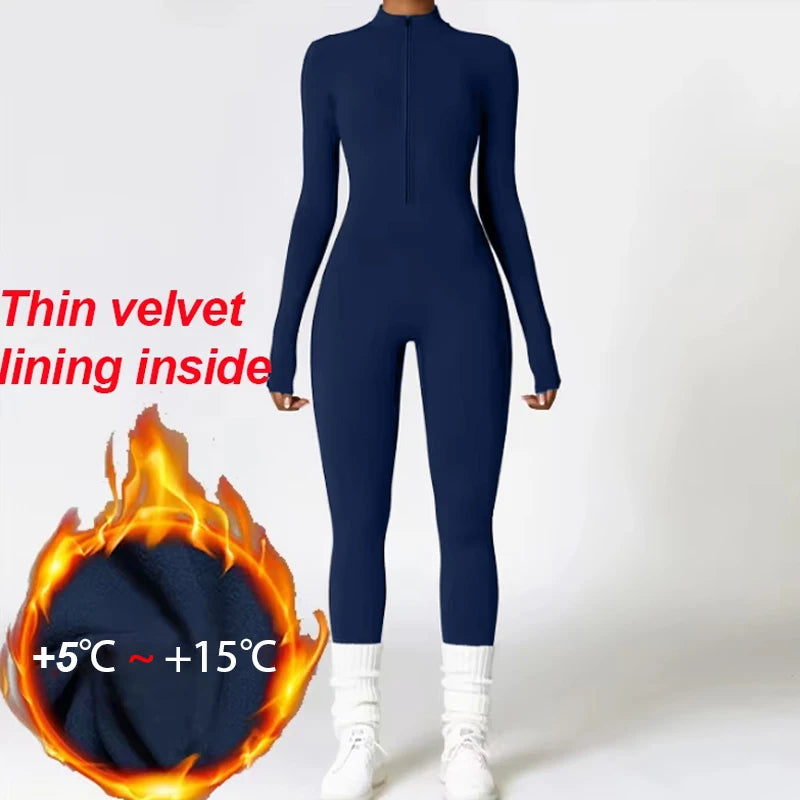 Winter Plush Yoga Jumpsuits Warm Women's Tracksuits Ski Fitness Overalls Long Sleeves Cycling Bodysuit One-Piece GYM Sports Suit