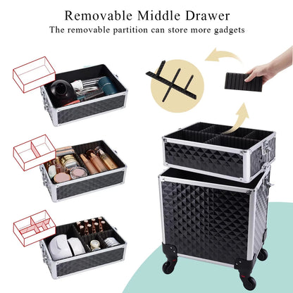 Maxulene Rolling Makeup Case 3 In 1 On Wheels Removable