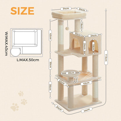 5-Level Cat Tree 113cm Cat Tower with Top Perch,Soft Condo,Natural Sisal Scratching Post,Attractive Pompom,Anti-tip kit,Hammock