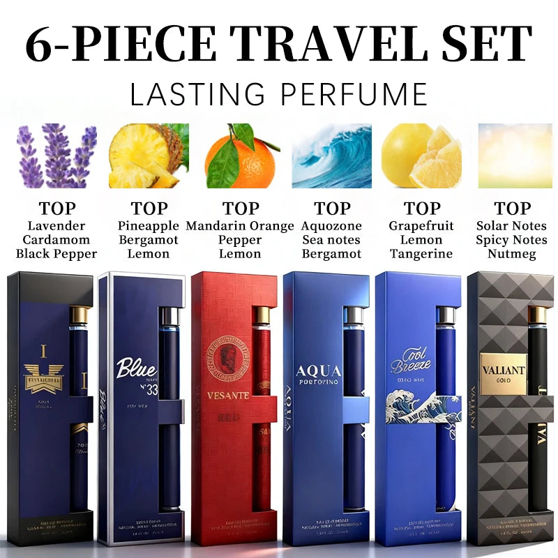 6-piece travel set, men's and women's eau de toilette spray, long-lasting fragrance, 6 different flavors, perfect for holiday gi