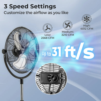 18" High Velocity Pedestal Fan w/ 3 Speeds 360° Tilt & Adjustable Heigh for Home