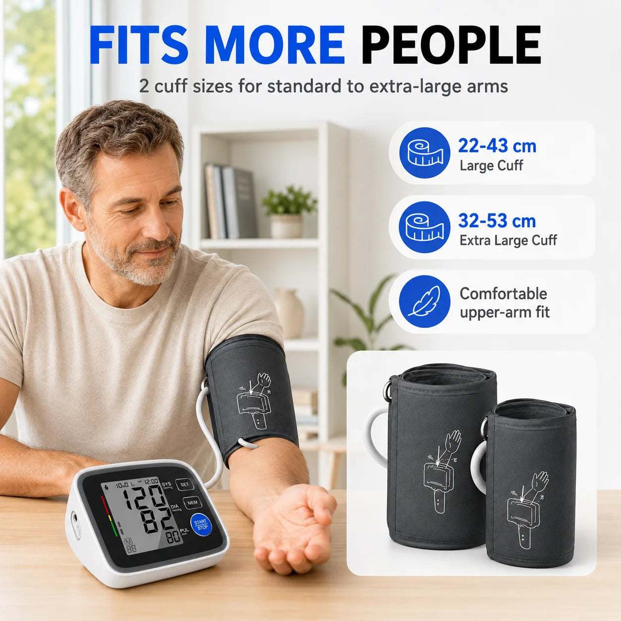 Automatic Upper Arm Blood Pressure Monitor with 2 Cuffs 22-43 cm and 32-53 cm, Large LCD, 2 Users, 180-Reading Memory, Pulse Rate for Home Use