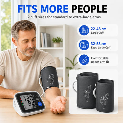Automatic Upper Arm Blood Pressure Monitor with 2 Cuffs 22-43 cm and 32-53 cm, Large LCD, 2 Users, 180-Reading Memory, Pulse Rate for Home Use