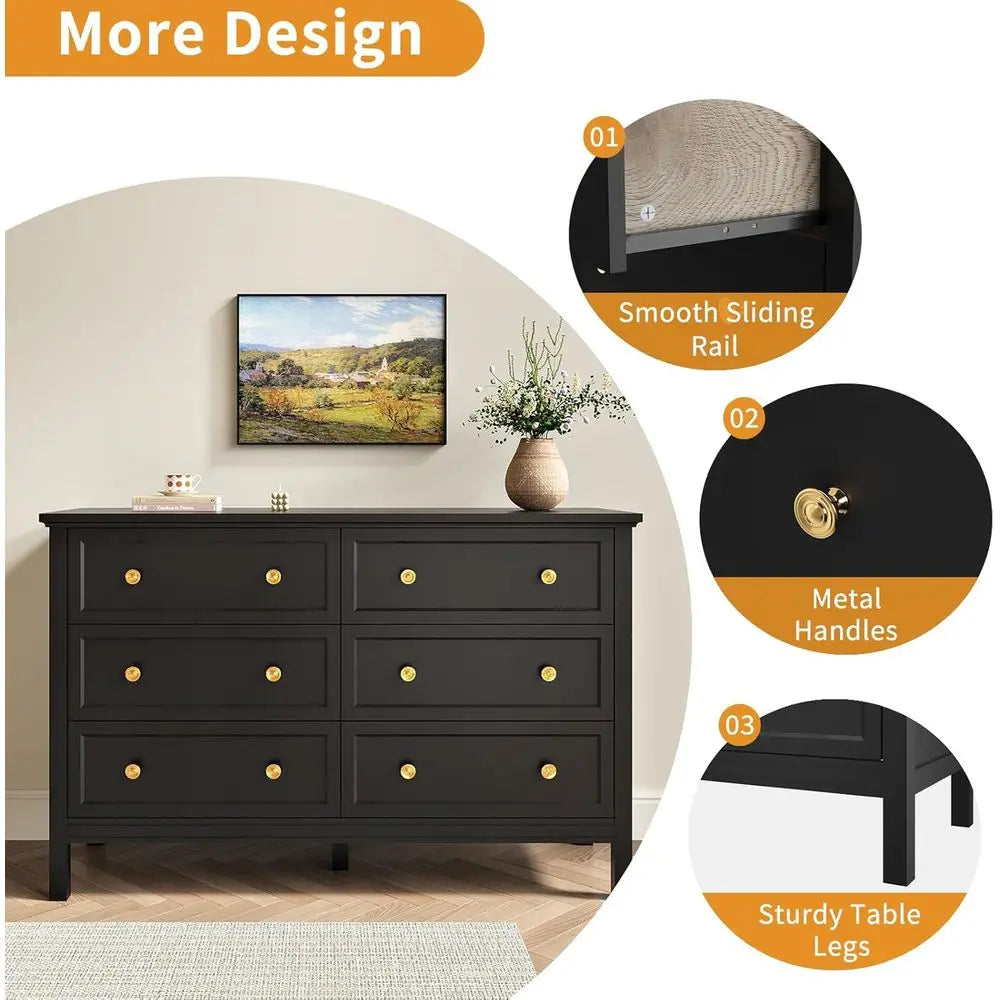 Elegant 6-Drawer Double Dresser with Deep Drawers and Metal Handles, Wood Dressers & Chests for Bedroom and Hallway Storage