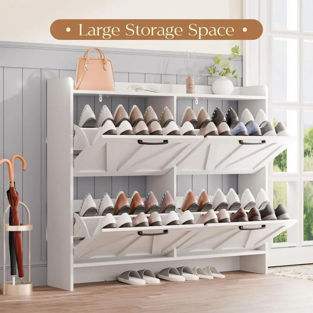 Shoe Storage Cabinet with 4 Flip Drawers, Freestanding Shoe Cabinet, Slim Shoe Organizer with Wood Legs for Entryway, White