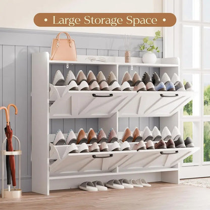 Shoe Storage Cabinet with 4 Flip Drawers, Freestanding Shoe Cabinet, Slim Shoe Organizer with Wood Legs for Entryway, White