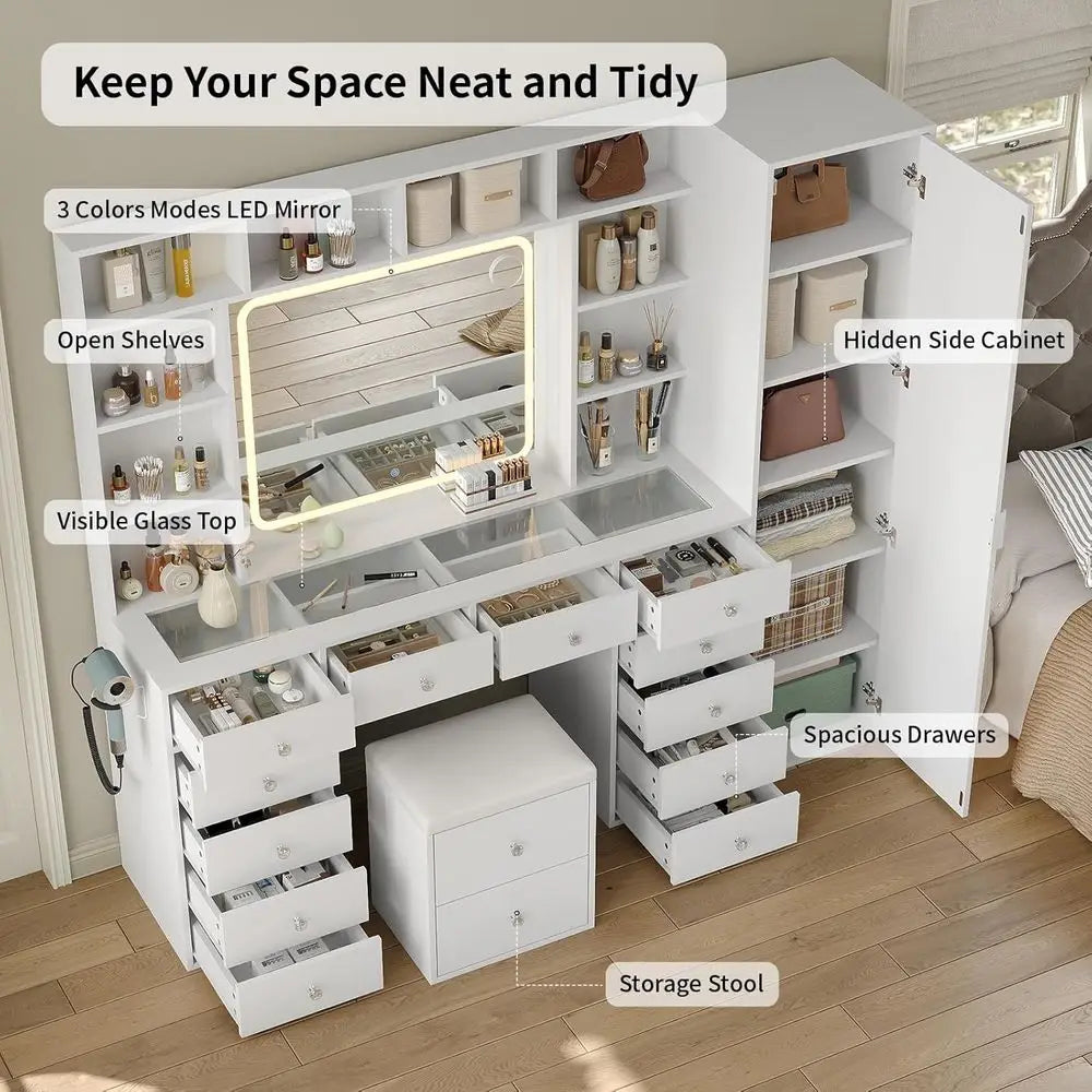 LED-Illuminated Makeup Vanity Desk with 14 Drawers, 10 Shelves, and Hidden Storage, White