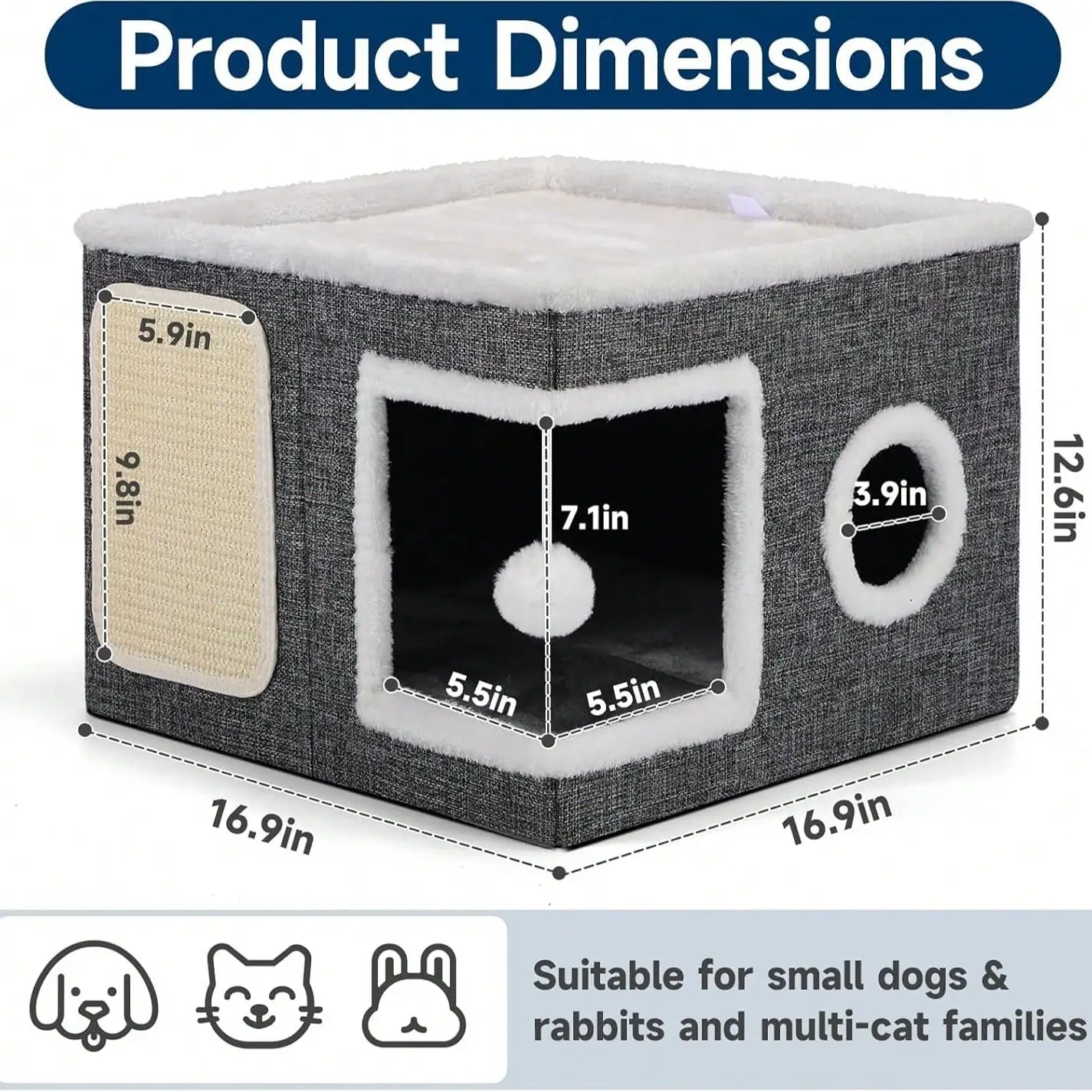 Gray Fabric Cat House with Scratching Panel, Hanging Ball Toy, and Dual-Entry Design for Indoor Cats