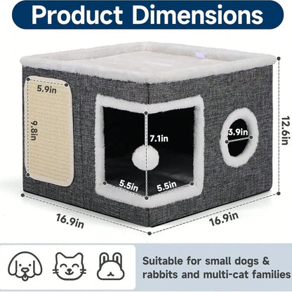 Gray Fabric Cat House with Scratching Panel, Hanging Ball Toy, and Dual-Entry Design for Indoor Cats