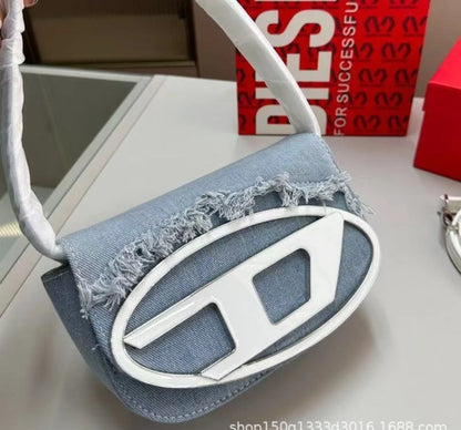 Frayed Edge Denim Mini Top Handle Bag D Logo Crossbody