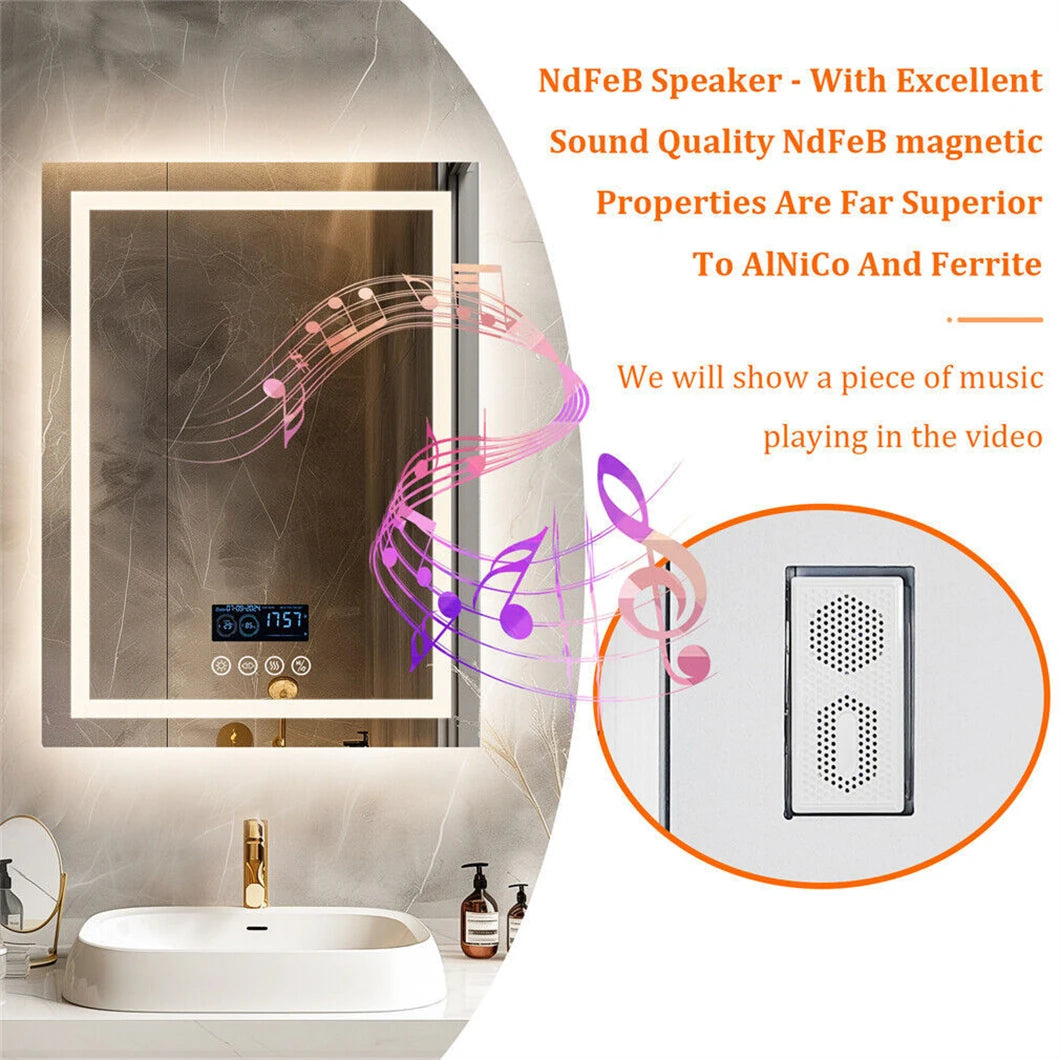 BORWART Smart LED Bathroom Mirror With Bluetooth Time Temperature AntiFog