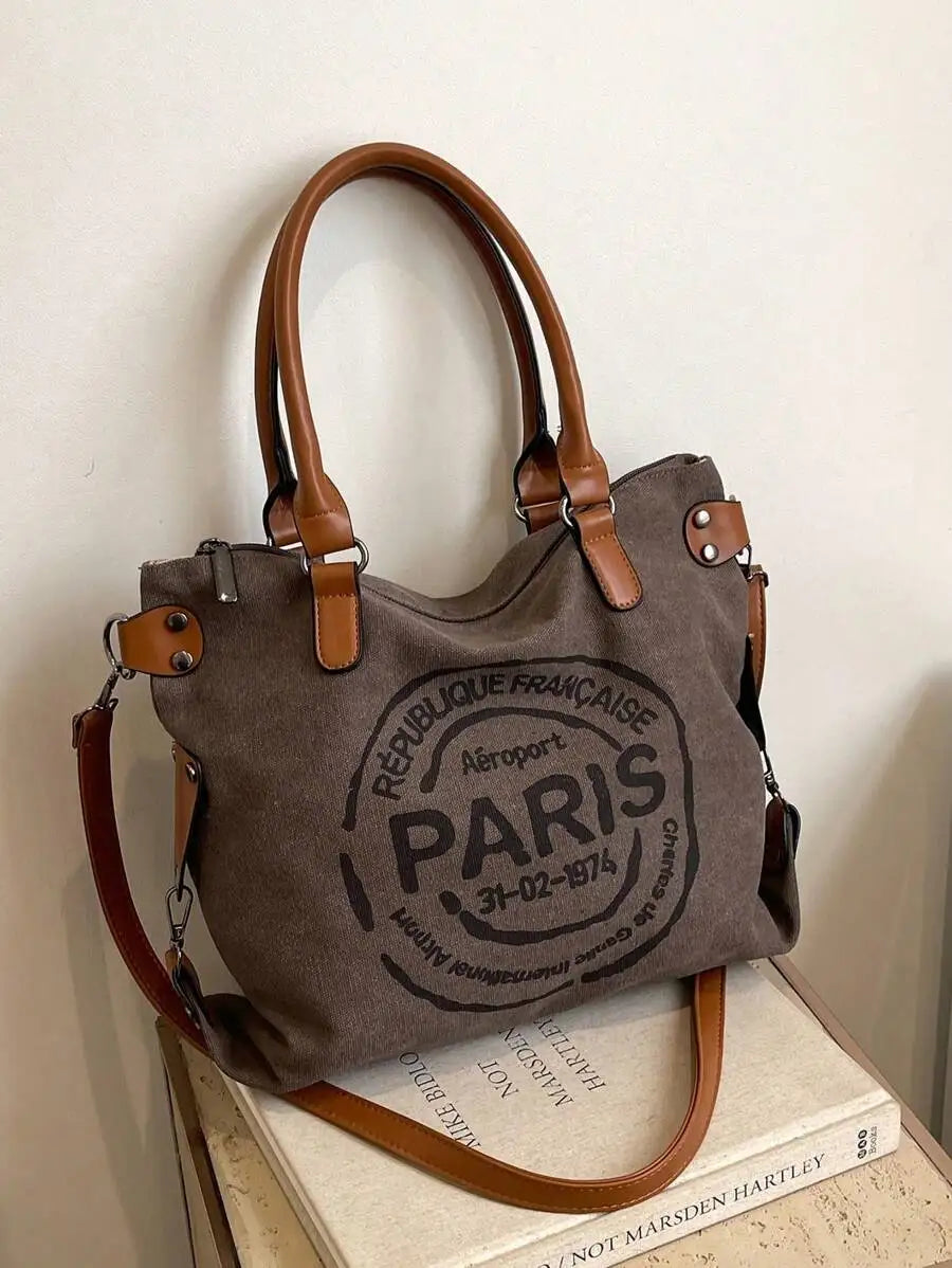 Large Capacity Casual Tote Handbag With Paris Print, Versatile Crossbody Bag For Women