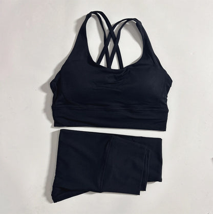 Solid Color Gym Fitness Set Tight Soft cross Fitness Bra 2pc compression High Waist Yoga Legging Suit Comprehensive Training Jog