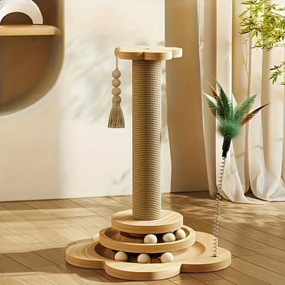 Cat Scratch Board With Rotating Platform And Non Shedding Wooden Fiber Chew Toy