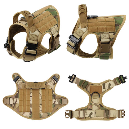 Tactical dog harness in camouflage pattern with adjustable straps, buckles, and handle, shown from multiple angles.