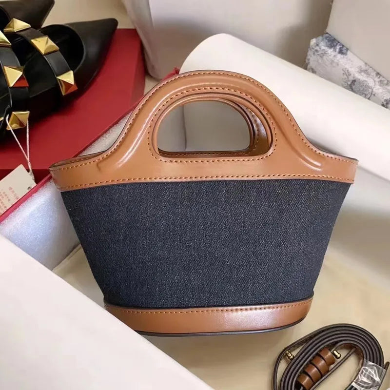 Elegant Mini Tote Bag With Leather Edges And Cutout Handle