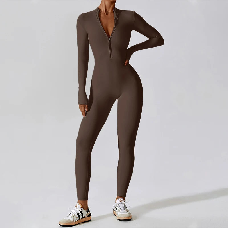 Zipper Yoga Jumpsuits for Women Winter Fleece Jumpsuit Longsleeve Sport Overalls Fitness One-Piece Suit Gym Workout Tracksuit