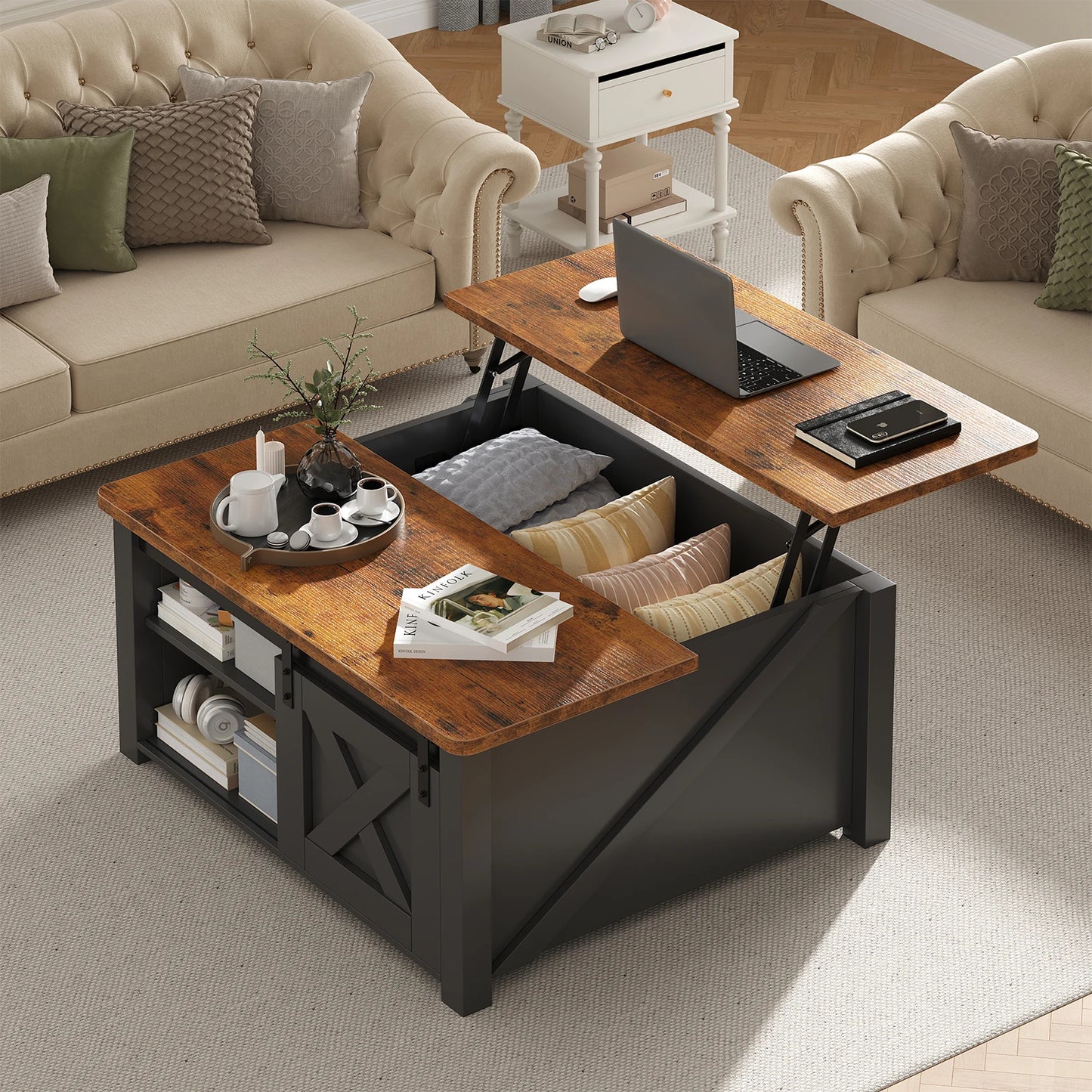 MCQ 31.5IN Wood Lift Top Coffee Tables Square Living Room Adjustable Storage Shelf Easy Lift Or Lower For Tea Dining Tables