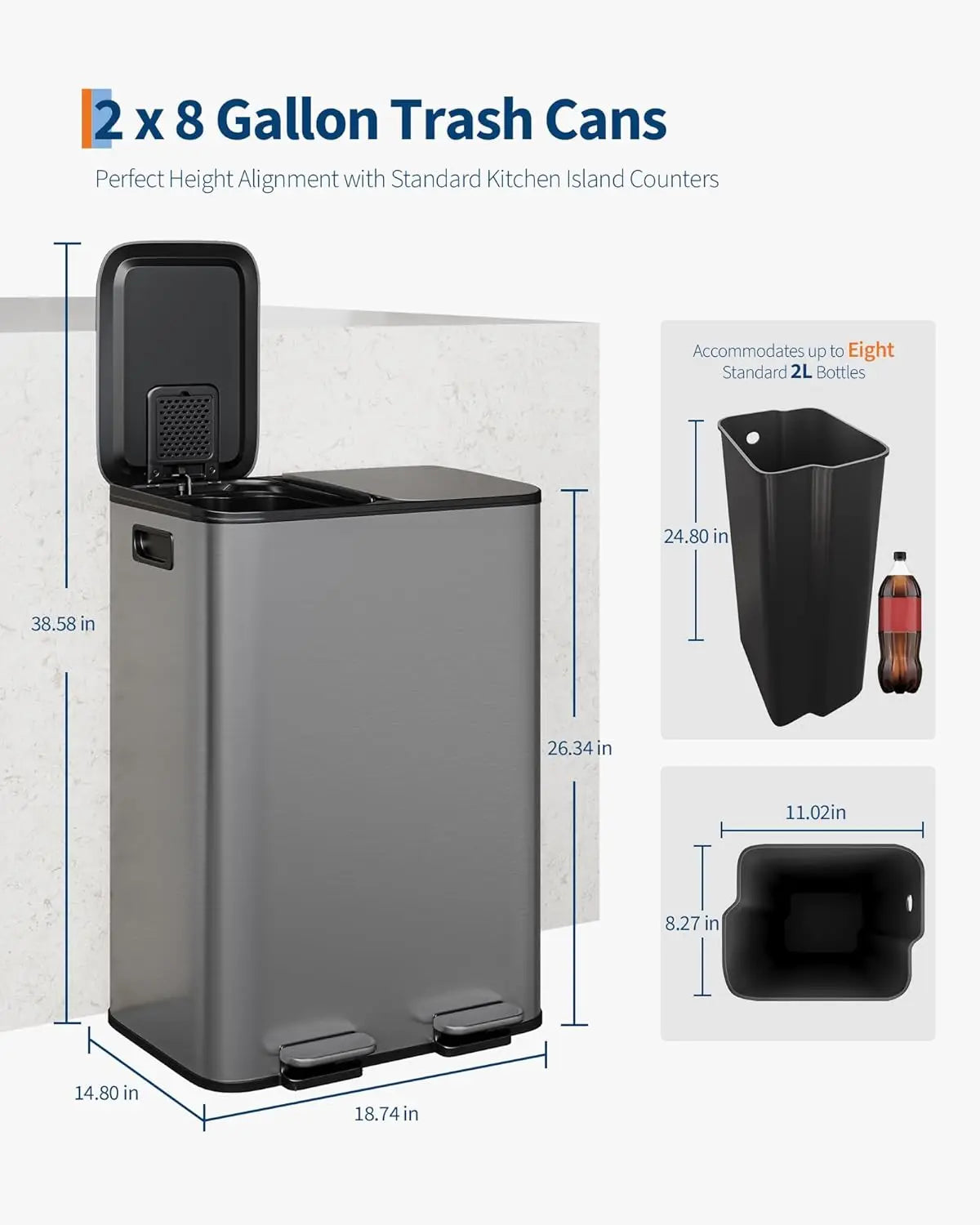 Stainless Steel Dual Trash Can Double Compartment Garbage and Recycling Bin Combo with Lid,Step-On Pedal,Removable Liner Buckets